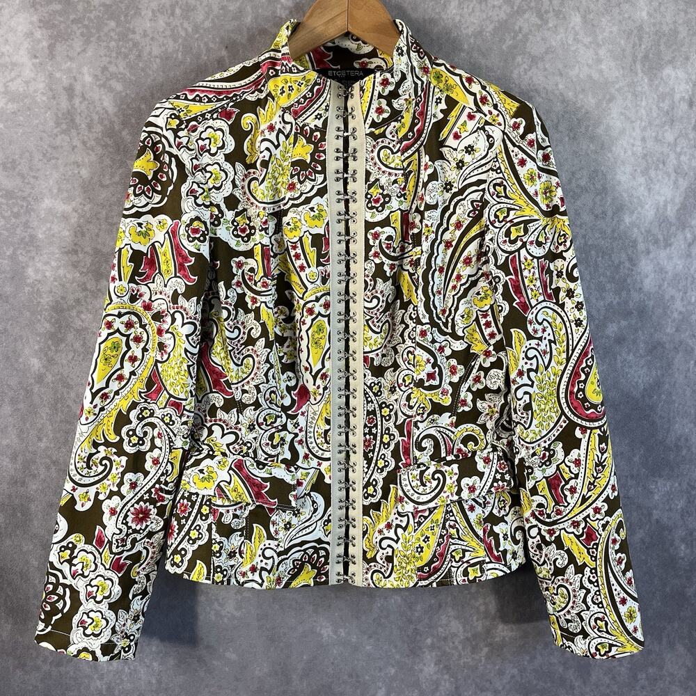 Etcetera Jacket Women 6 Yellow Brown White Pink Paisley Print Mock Neck Hook Eye